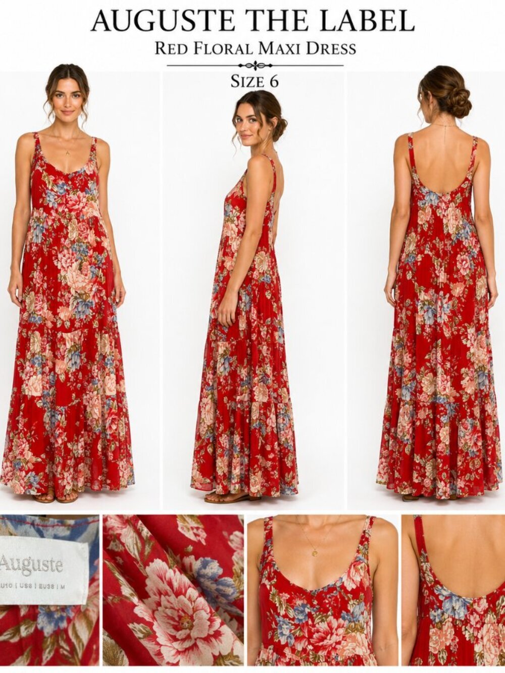 Auguste Red Floral Maxi Dress US 6 Boho